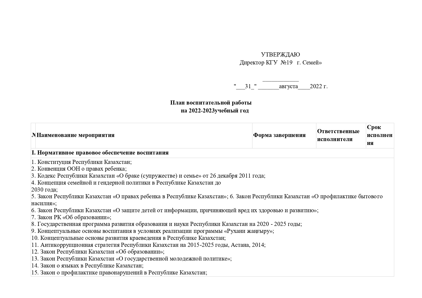 План воспитательной работы  на 2022-2023учебный год