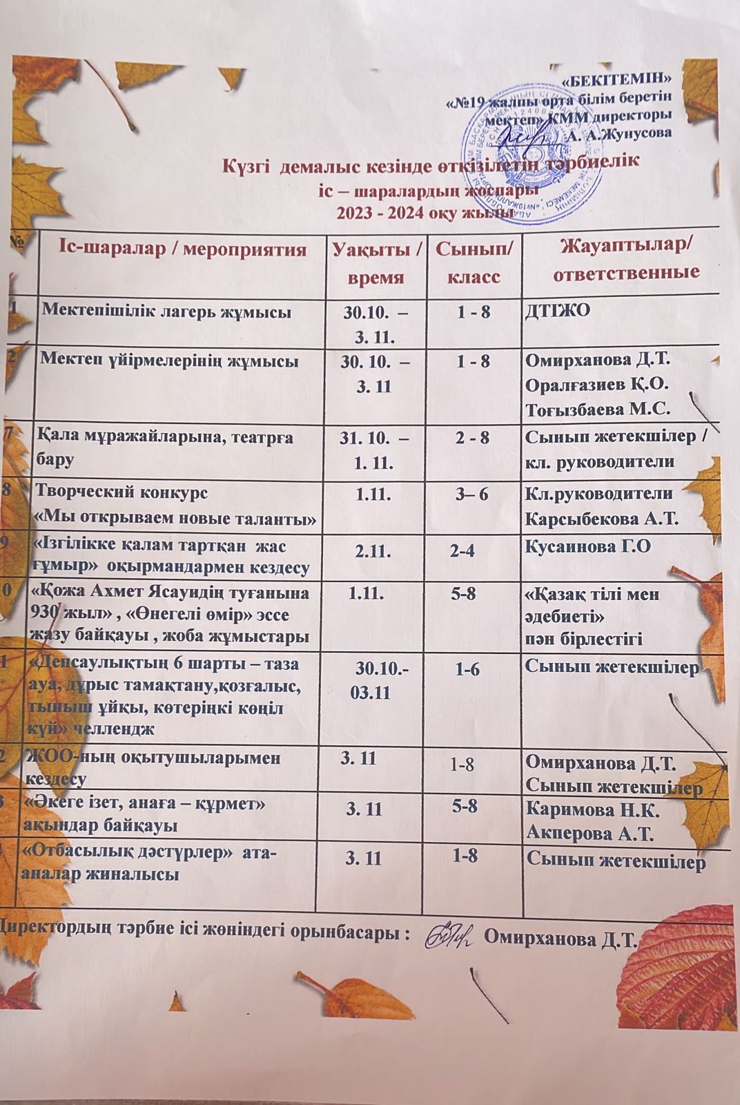 Күзгі демалыс кезінде өткізілетін тәрбиелік іс-шаралардың жоспары 2023-2024 оқу жылы
