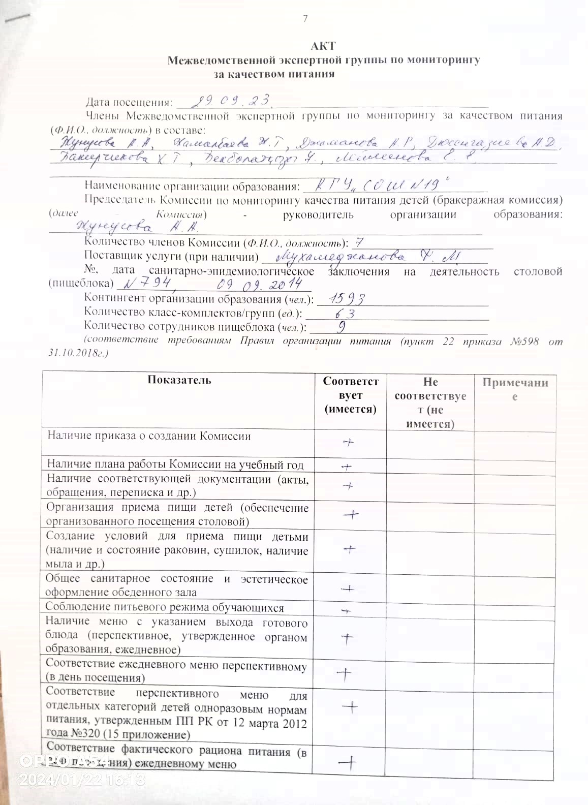 АКТ по мониторингу за качеством питания  29.09.2023