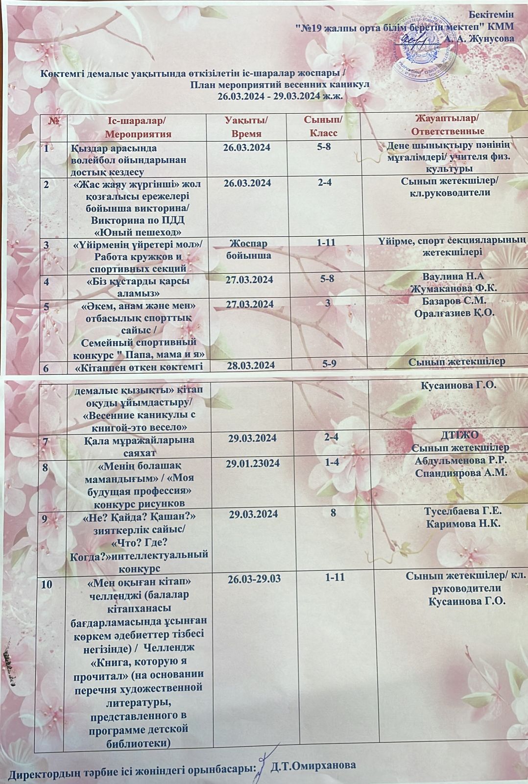 26.03.2024-29.03.2024 Көктемгі демалыс уақытында өткізілетін іс-шаралар жоспары
