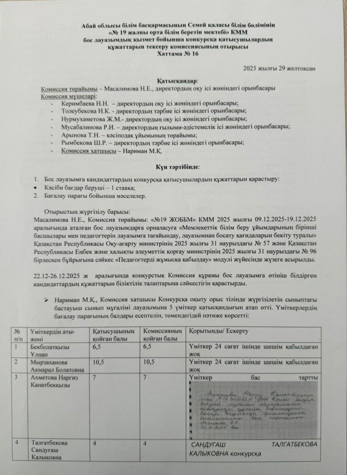 Бос лауазымдық қызмет бойынша өткізілген конкурстың хаттамасы.