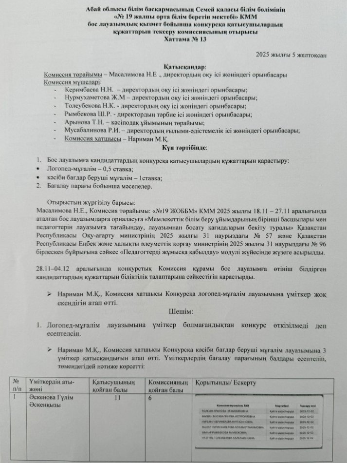 Бос лауазымдық қызмет бойынша өткізілген конкурстың хаттамасы.