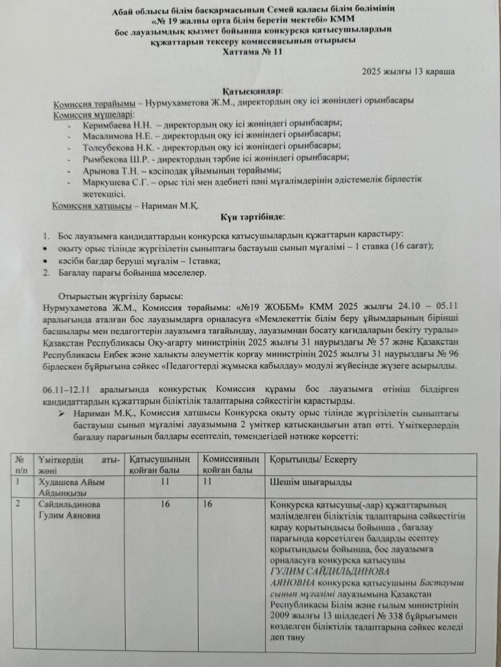 Бос лауазымдық қызмет бойынша өткізілген конкурстың хаттамасы